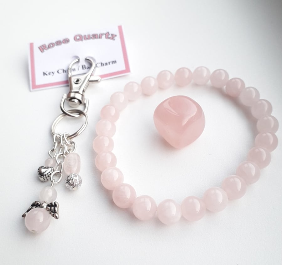 Rose Quartz Gift Set Bracelet Bag charm Tumblestone in a gift pouch