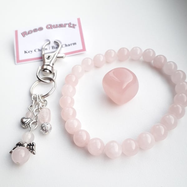 Rose Quartz Gift Set Bracelet Bag charm Tumblestone in a gift pouch