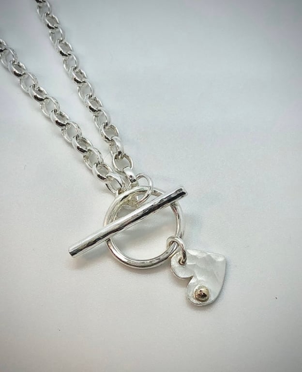 Heart Fob Necklace, silver heart, t bar necklace, silver toggle necklace, 