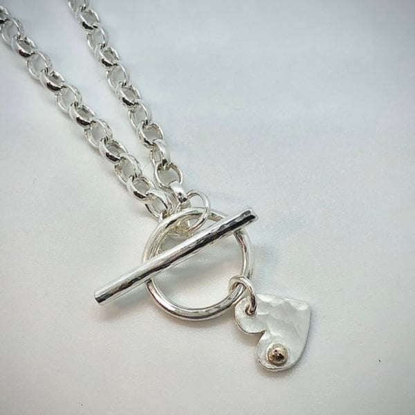 Heart Fob Necklace, silver heart, t bar necklace, silver toggle necklace, 