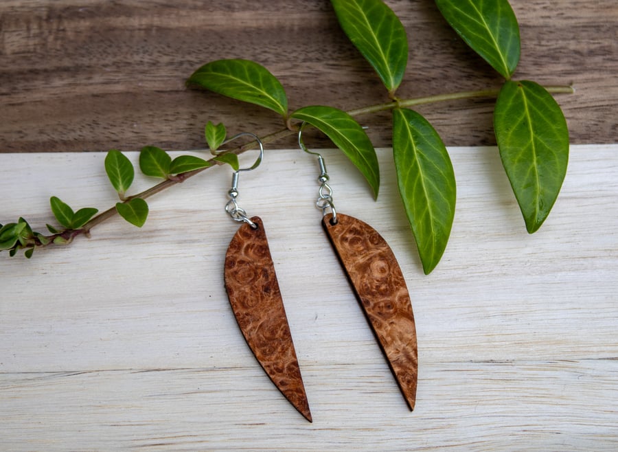 Exotic Vavona Burl Wood Sling Earrings - Handcrafted Sterling Silver