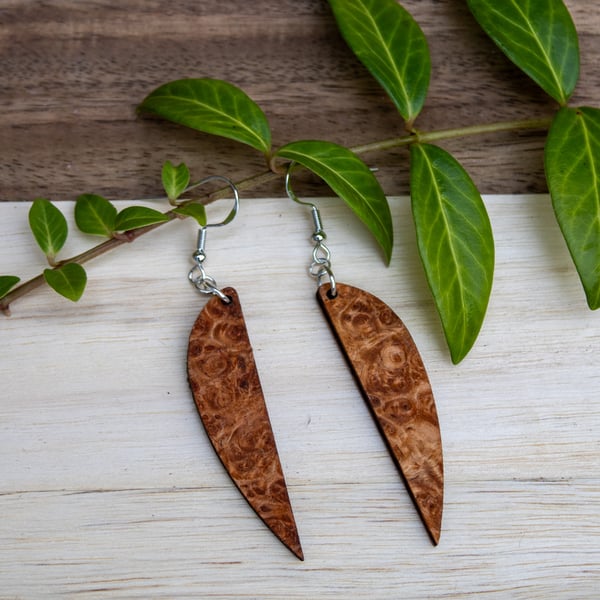 Exotic Vavona Burl Wood Sling Earrings - Handcrafted Sterling Silver