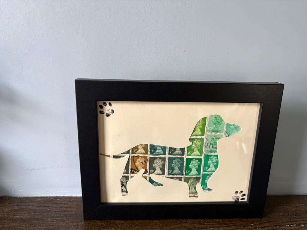Handmade sausage Dog Stamp Art - Framed Vintage UK Postage Stamp Collage