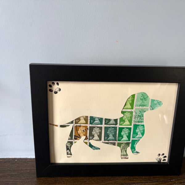 Handmade sausage Dog Stamp Art - Framed Vintage UK Postage Stamp Collage