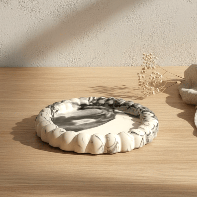 Black and Grey Marbled Trinket Tray with Bubble Edge Handmade Catchall
