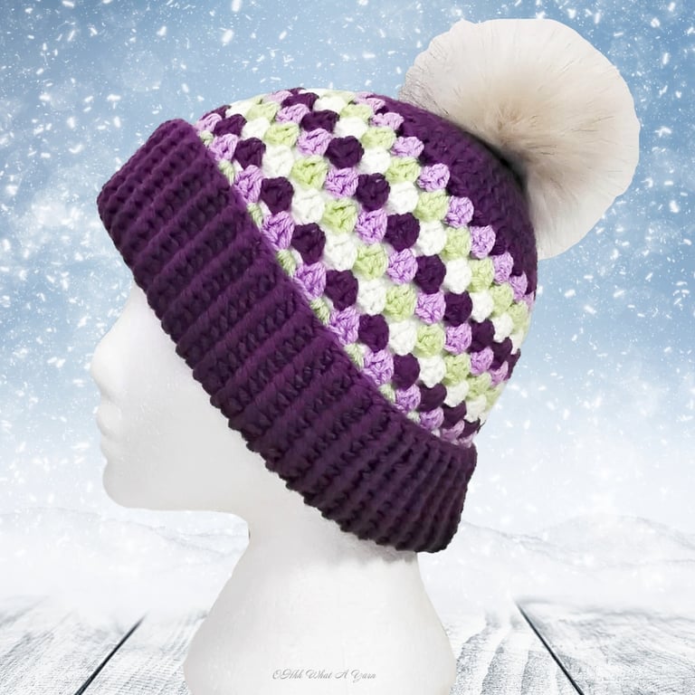 Crochet hat, beanie. Purple, lilac, green and cream granny stitch pom pom hat.