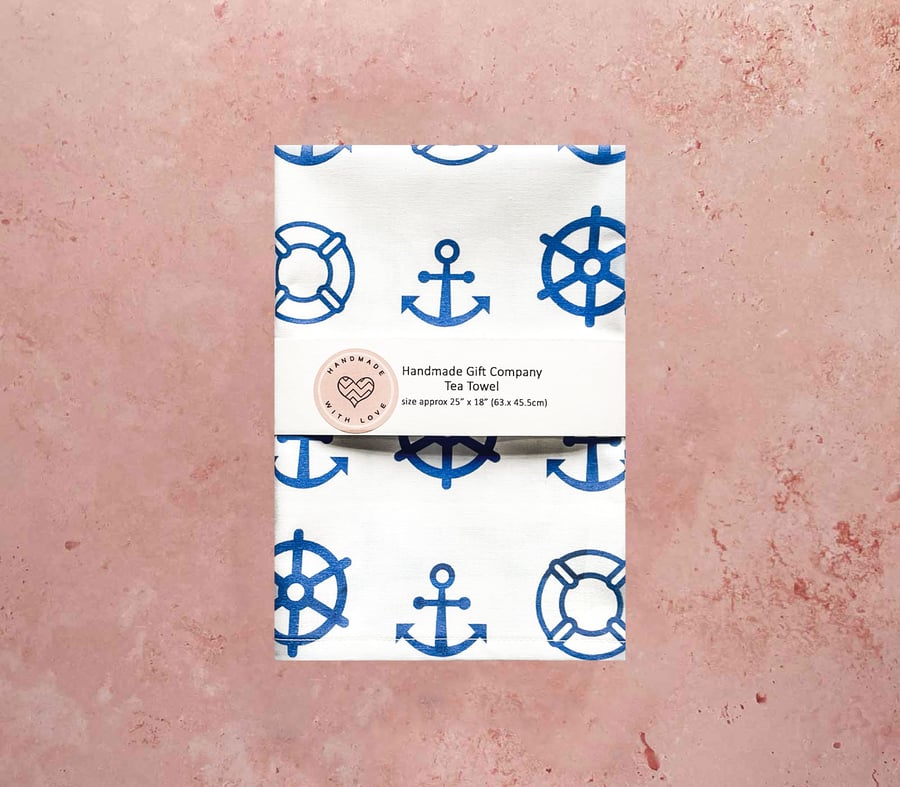 Fabric Handmade Pretty Cotton Tea Towel with a Nautical Design