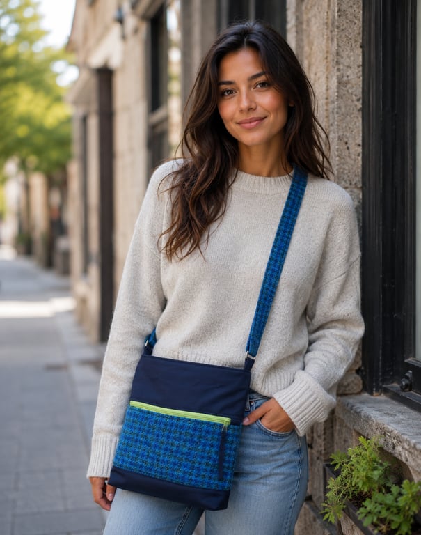 Wax canvas shoulder bag blue tweed crossbody bag water repellent canvas bag