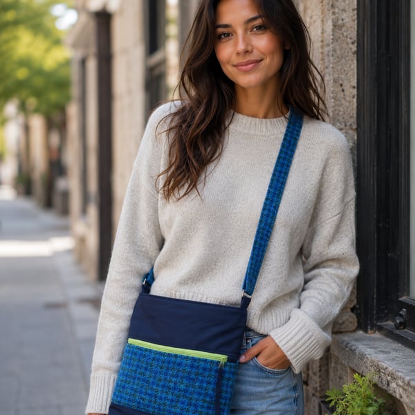 Wax canvas shoulder bag blue tweed crossbody bag water repellent canvas bag