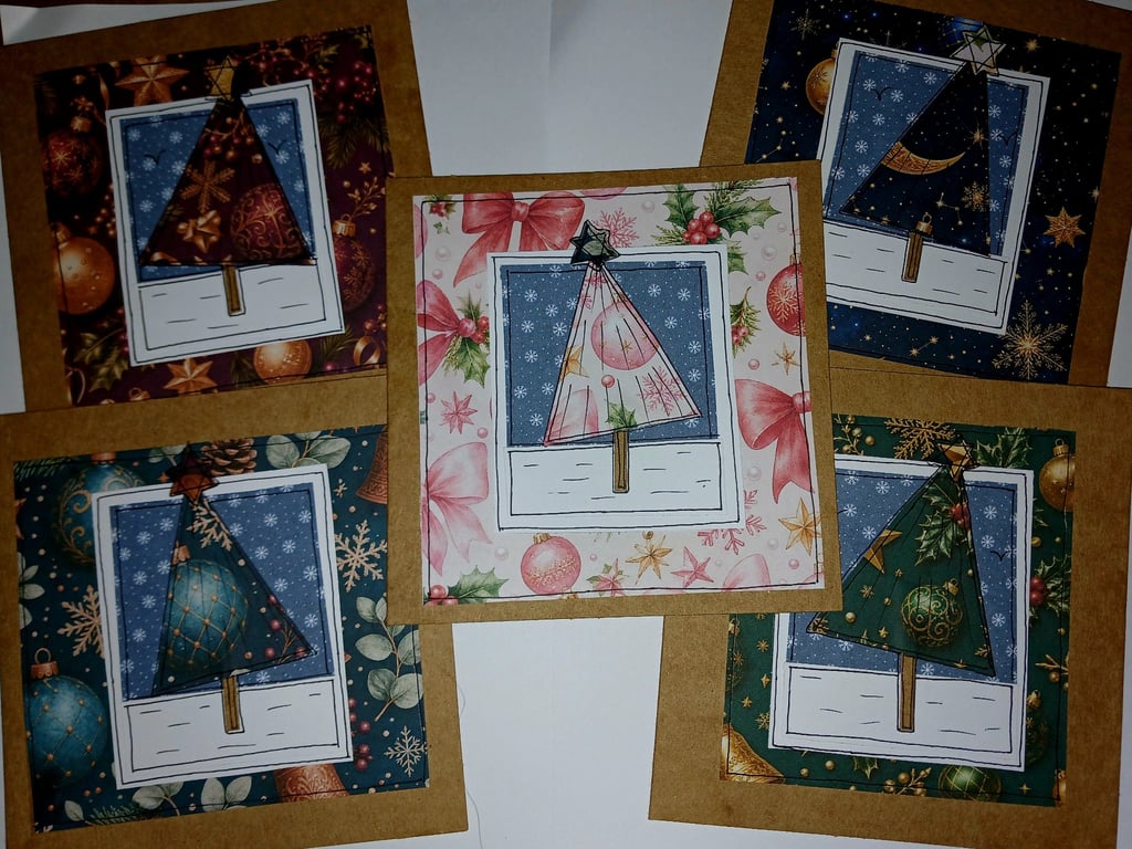 Quirky art whimsical handmade unique paper christmas trees cards 