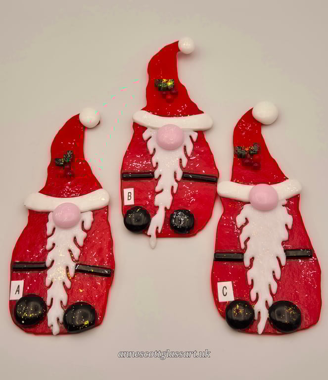 Fused Glass Santa Gnome Christmas Decoration with Holly detail with Stand