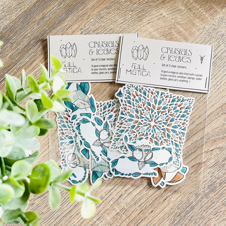 Crystals & Leaves Clear Stickers, Witchy Planner Decals, Set of 5