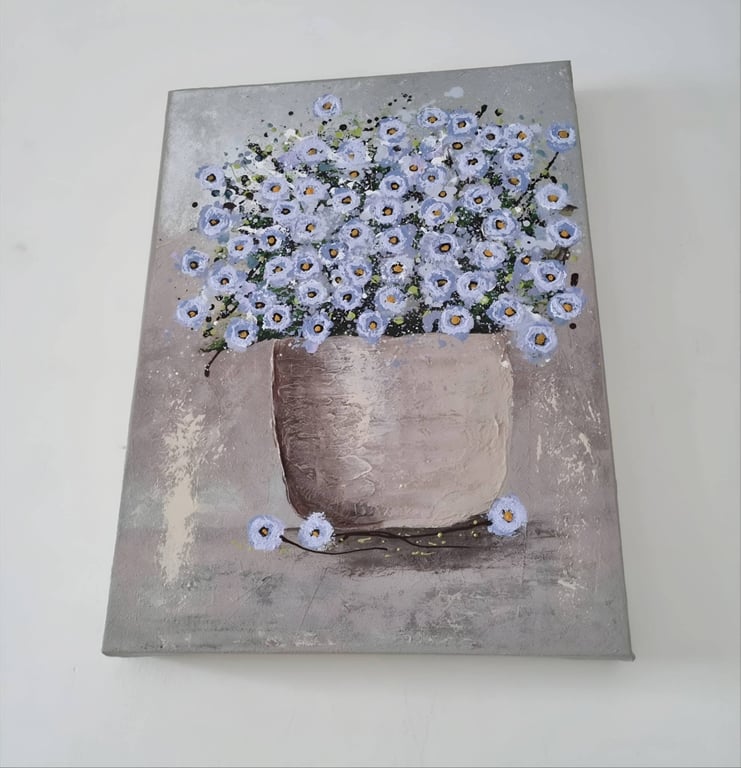 Original Floral Acrylic Painting on Deep Edge Canvas Blue Flowers Wall Art