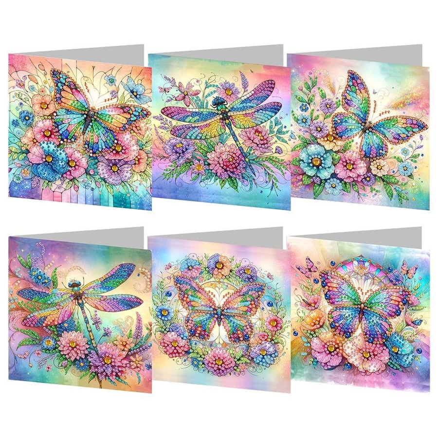 6pcs DIY Diamond Painting Greeting Card Kit Stunning Colourful Butterfly and Dra