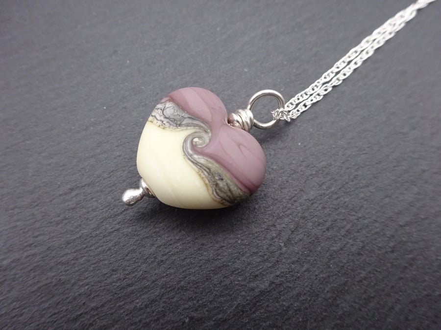 purple lampwork glass heart pendant necklace, sterling silver chain