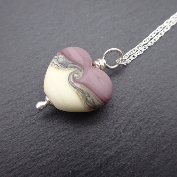 purple lampwork glass heart pendant necklace, sterling silver chain