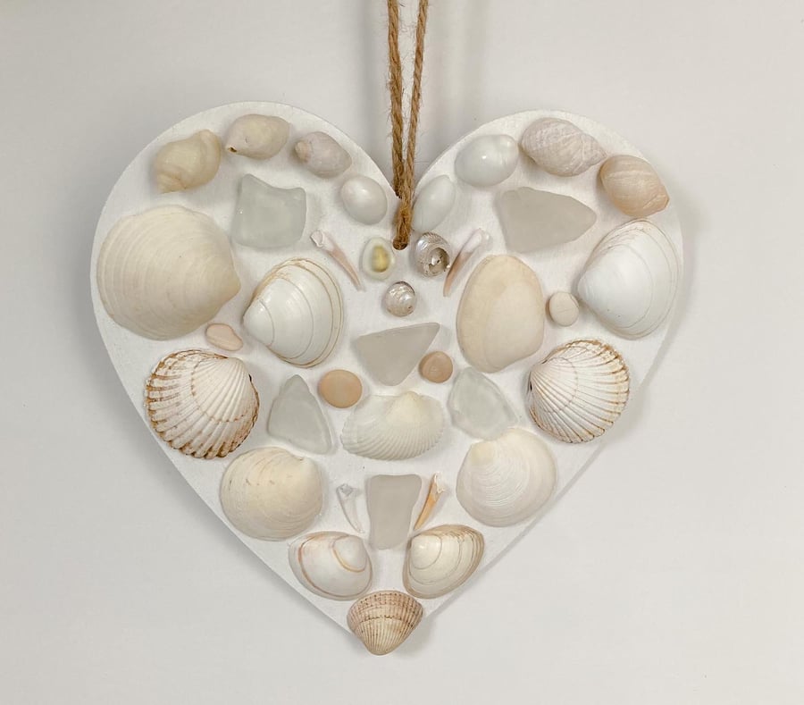 SALE-Hanging wood heart with shells, sea glass and pebbles from Cornwall 