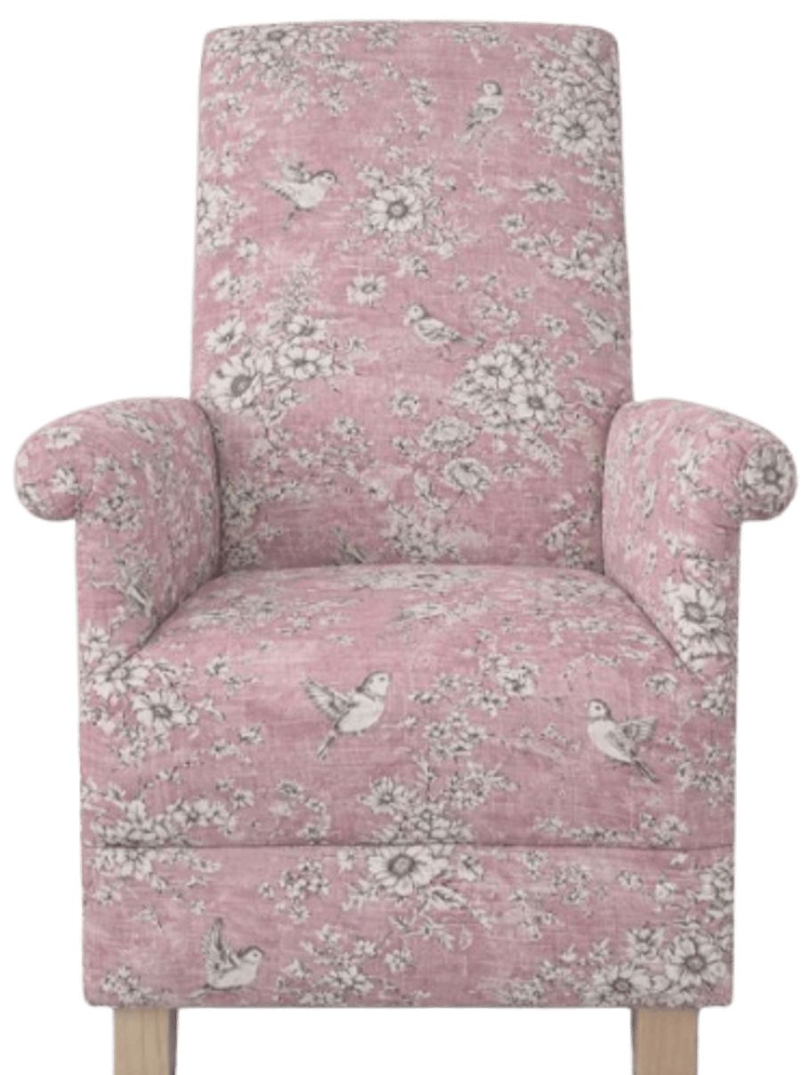 Fireside Chair Armchair Finch Toile Fabric Accent Birds Small Floral Pink Adult