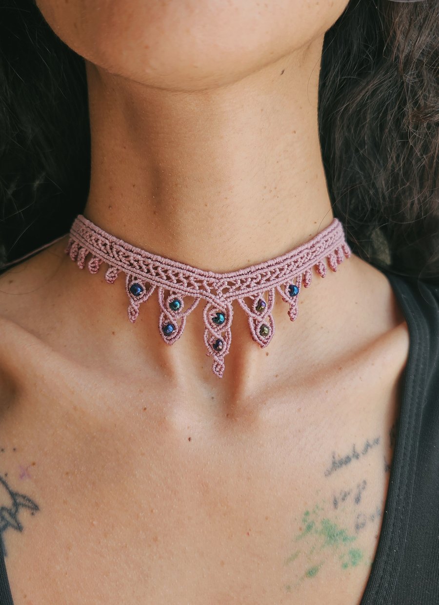 Lavender Dreams – Boho Macrame Choker with Ethnic Detail & Glass Beads