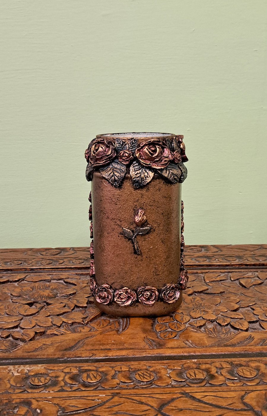Handcrafted vase. Bronze with dark red roses. From upcycled jar & air dry clay