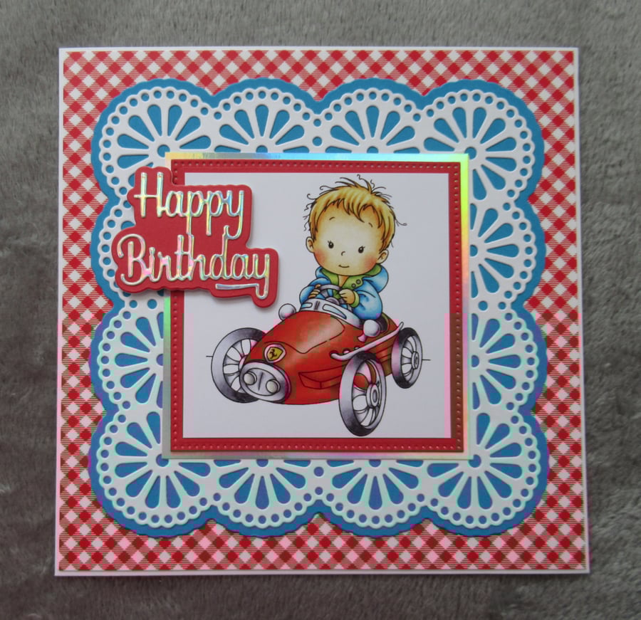 Little Boy In His Red Car Birthday Card