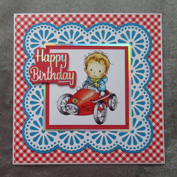 Little Boy In His Red Car Birthday Card