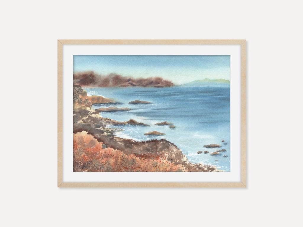Coastal Cliff Watercolor Art Print, Seaside Landscape Wall Art, Ocean View Decor