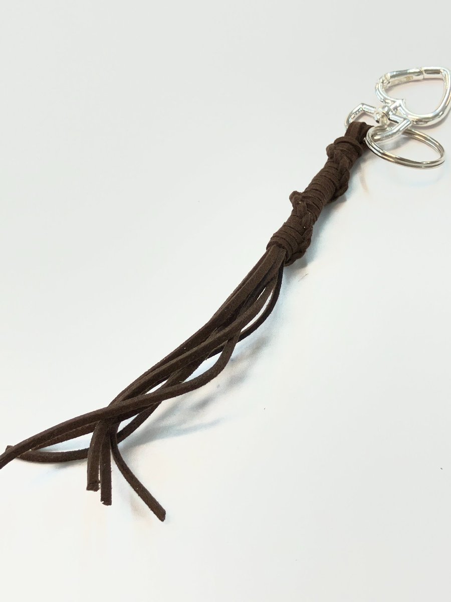 Brown Suede Keyring - Bag Charm w Silver Coloured Heart-shaped Carabiner Clasp