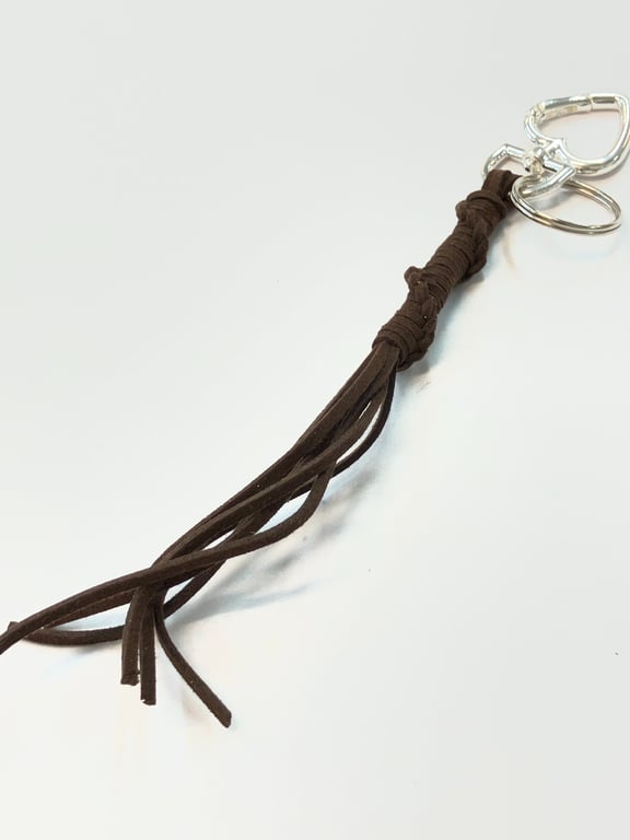 Brown Suede Keyring - Bag Charm w Silver Coloured Heart-shaped Carabiner Clasp