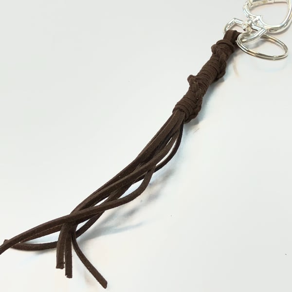 Brown Suede Keyring - Bag Charm w Silver Coloured Heart-shaped Carabiner Clasp
