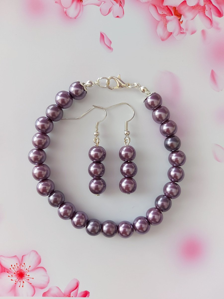8mm Deep Purple Glass Pearl Bracelet & Earrings Set in Card Gift Box