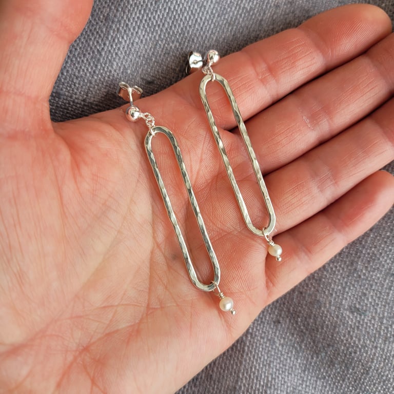 Hammered Silver Long Oval Earrings with White Pearl Drops