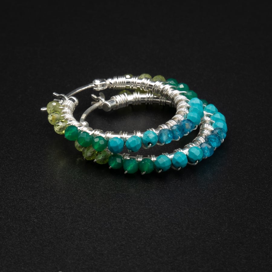Blue green gemstone sterling silver hoop earrings 