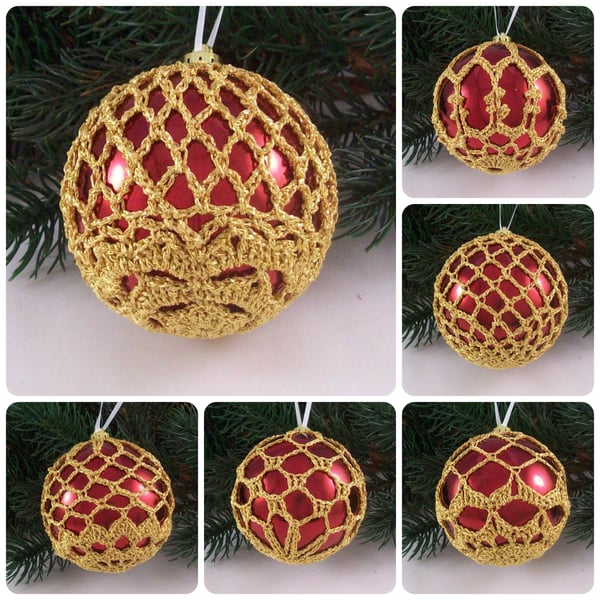 Christmas baubles boxed set of 6 large decorated with crochet lace (A1)