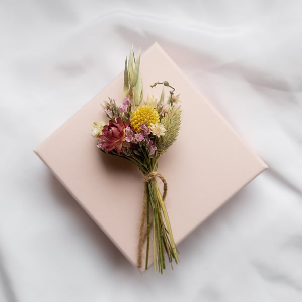 Dried Flower Mini Posy in a pale pink Gift Box Pink and Yellow