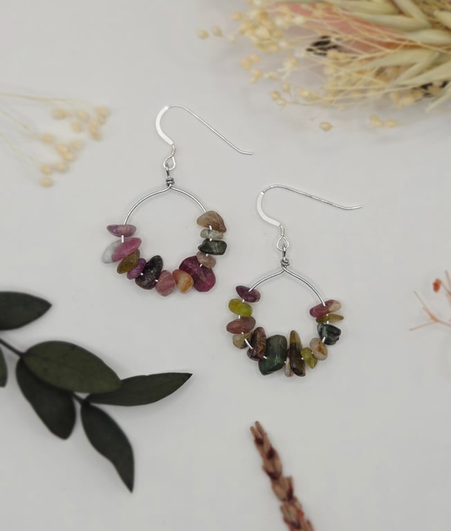 Multicolour Tourmaline Gemstone Hoop Dangle Earrings, Sterling Silver Hooks