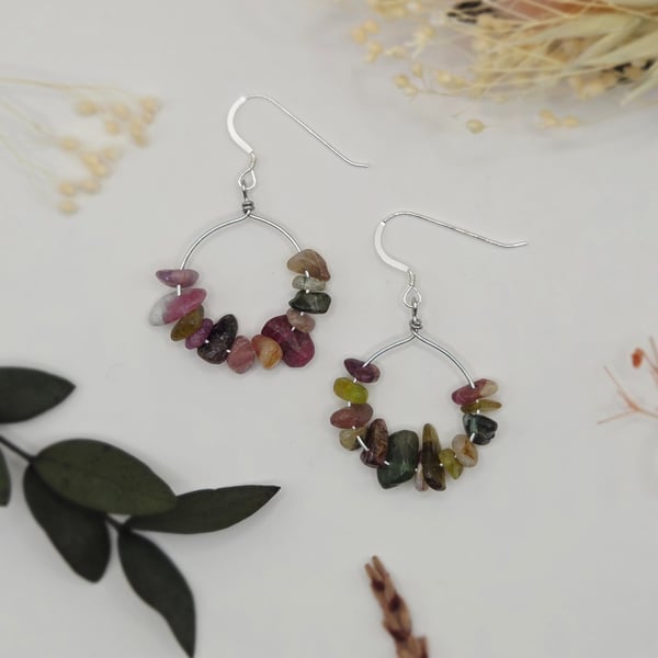 Multicolour Tourmaline Gemstone Hoop Dangle Earrings, Sterling Silver Hooks