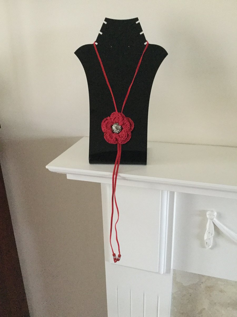 Crochet Red Flower Necklace Pendant