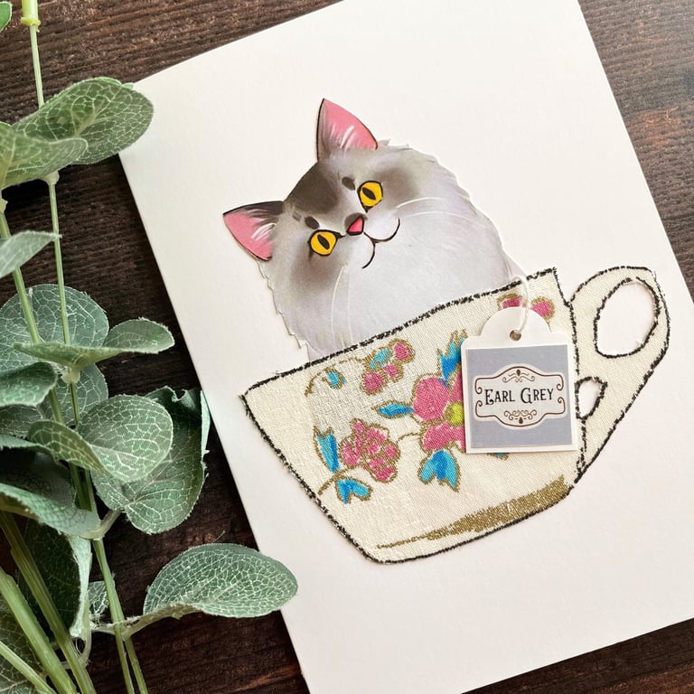 Grey long-haired cat, Persian cat card, card for cat lover, cat in a cup