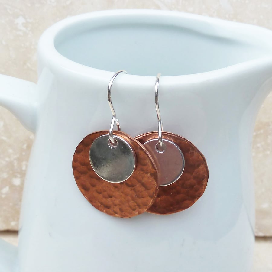 Copper and Sterling Silver Hammered Disc Earrings - MET023