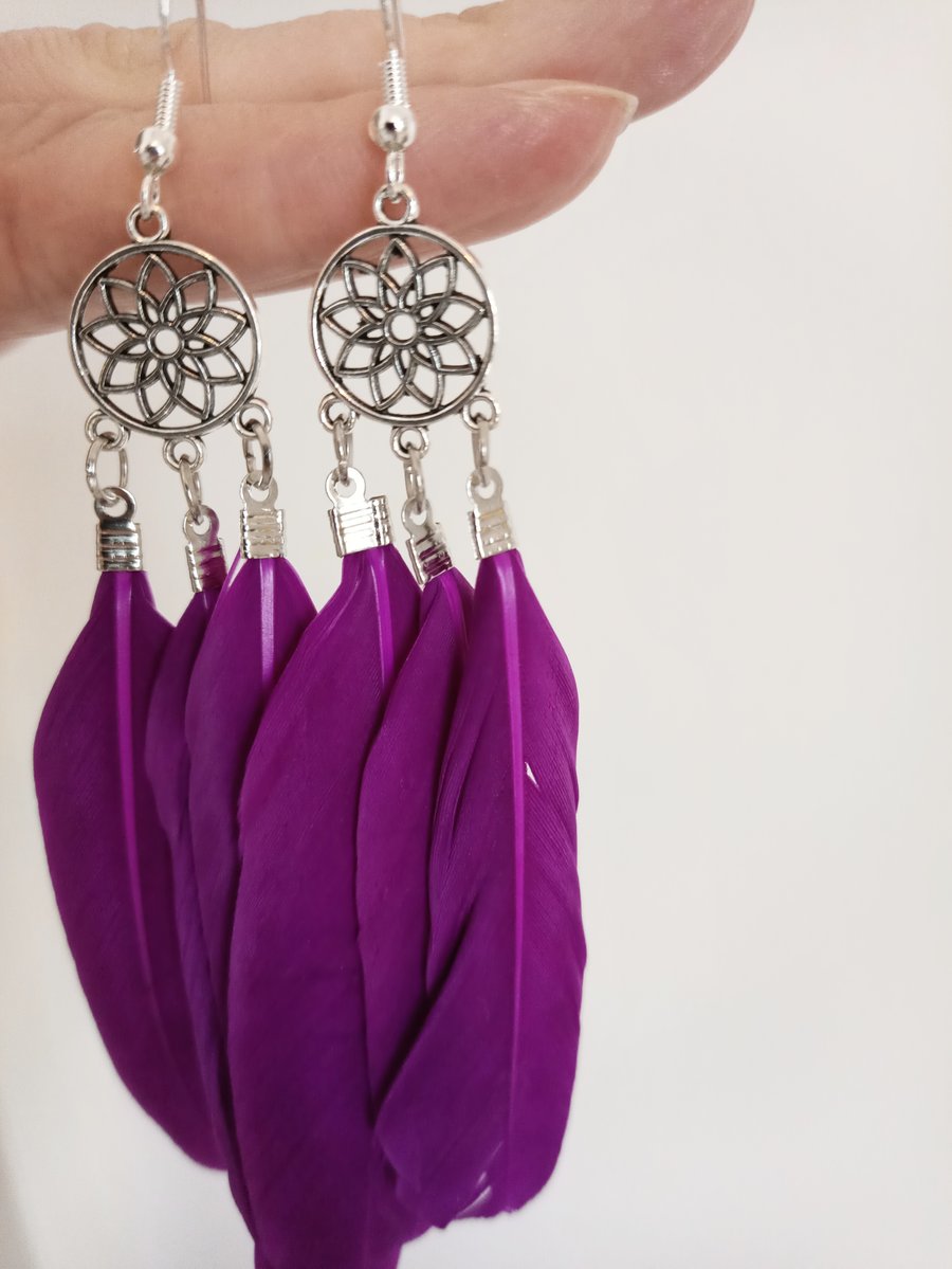 Silver Dreamcatcher Flower and Purple Feather Earring
