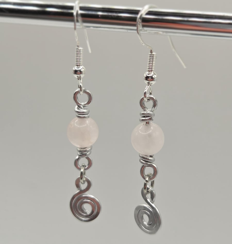 Sterling Silver Rose Quartz Bead Earrings with Spiral Charms
