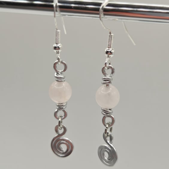 Sterling Silver Rose Quartz Bead Earrings with Spiral Charms