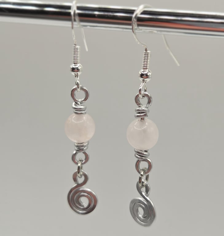 Sterling Silver Rose Quartz Bead Earrings with Spiral Charms