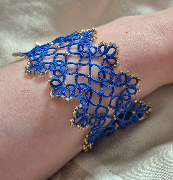Royal Blue Lace Bracelet – Handmade Gold Beaded Tatting Jewellery