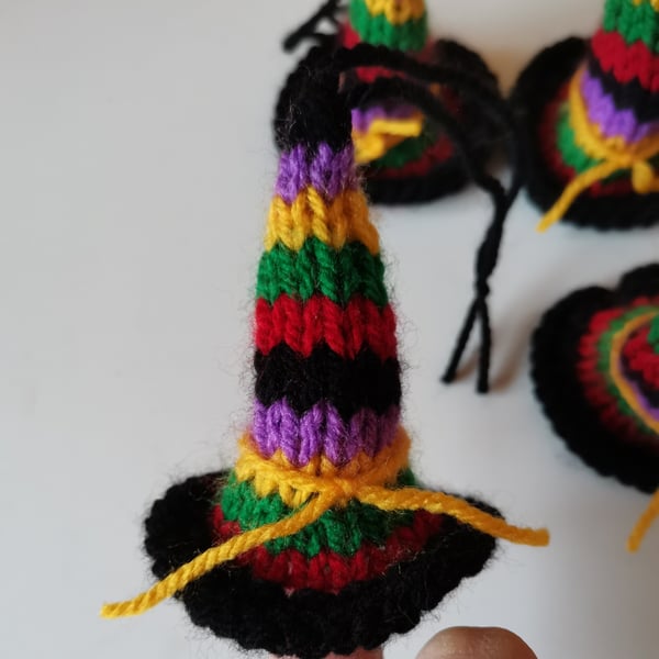Hand Knitted Stripy Witches Hat, Hanging Decoration
