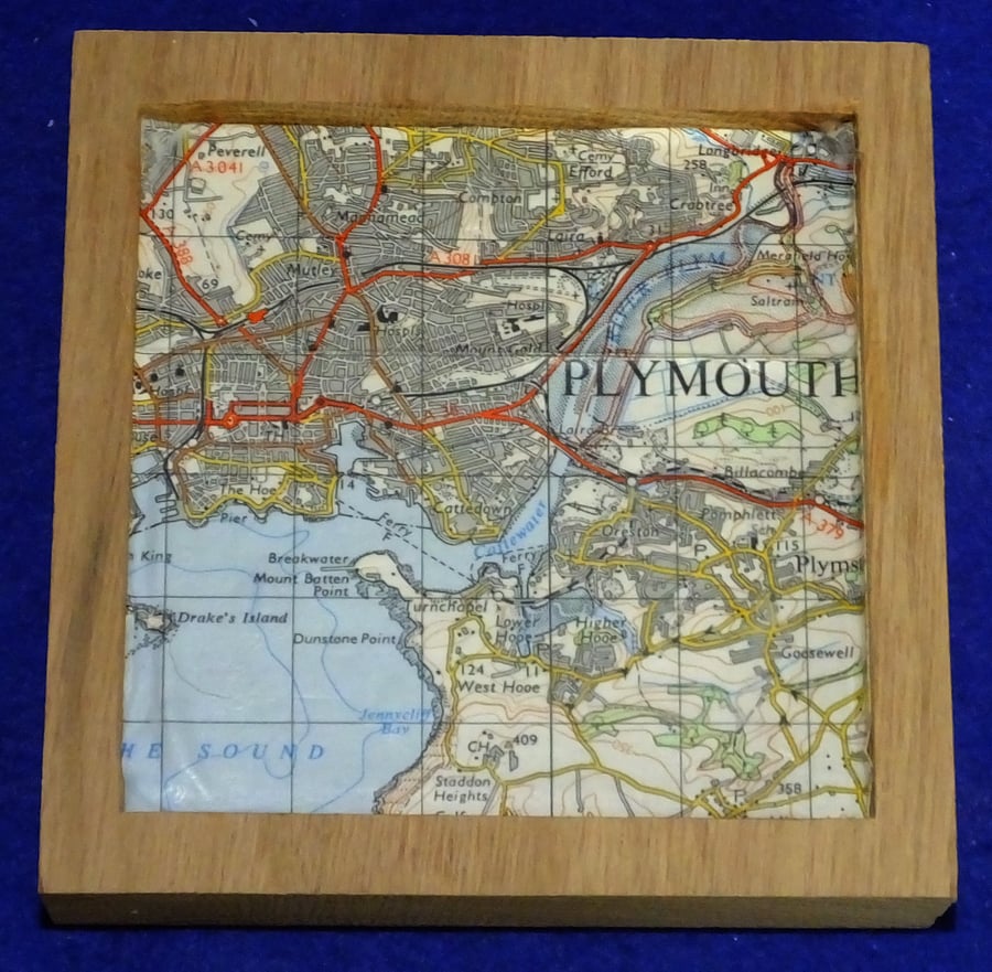 Coaster place mat for cup or mug Ordnance Survey map of Plymouth and Sound