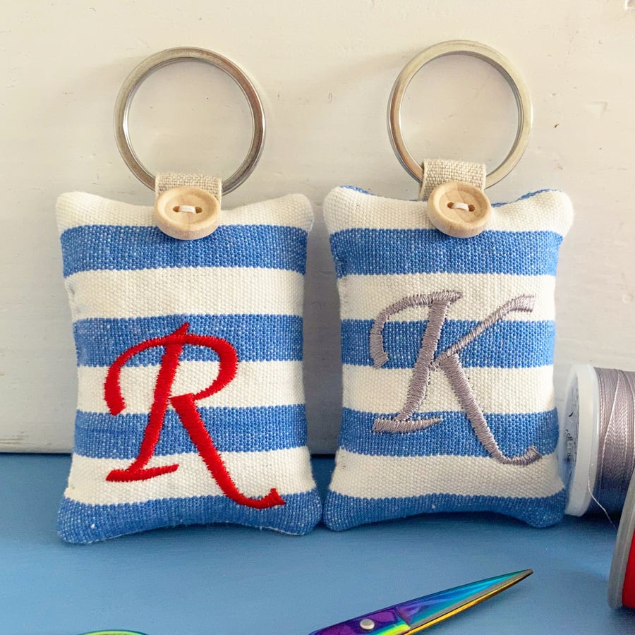 PERSONALISED KEY RING - blue and white stripes, lavender or padded