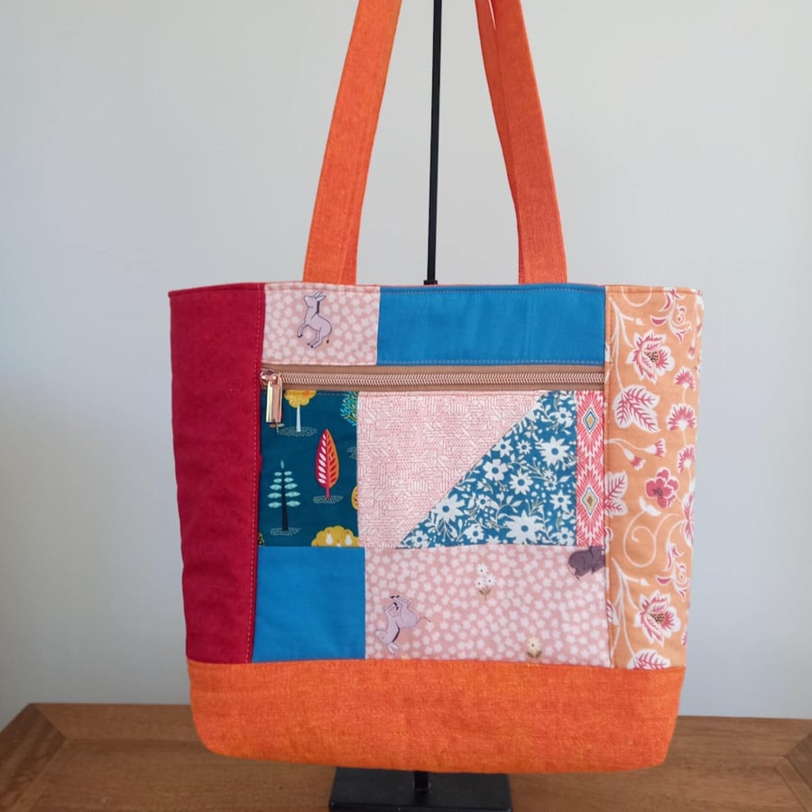 Patchwork Tote Bag in orange, blue and pink