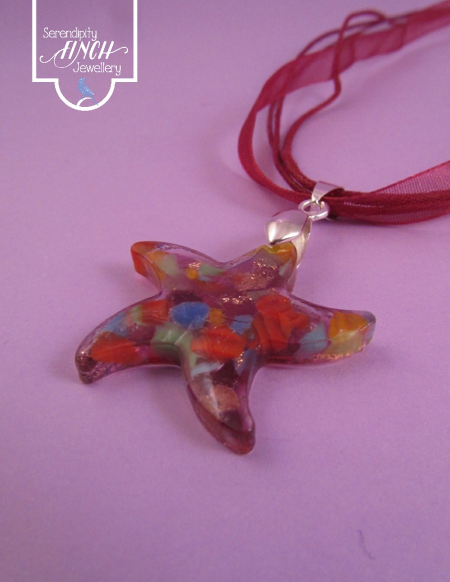 Lilac Glass Star Pendant with Red Necklace, Star Necklace, Red Ribbon Necklace